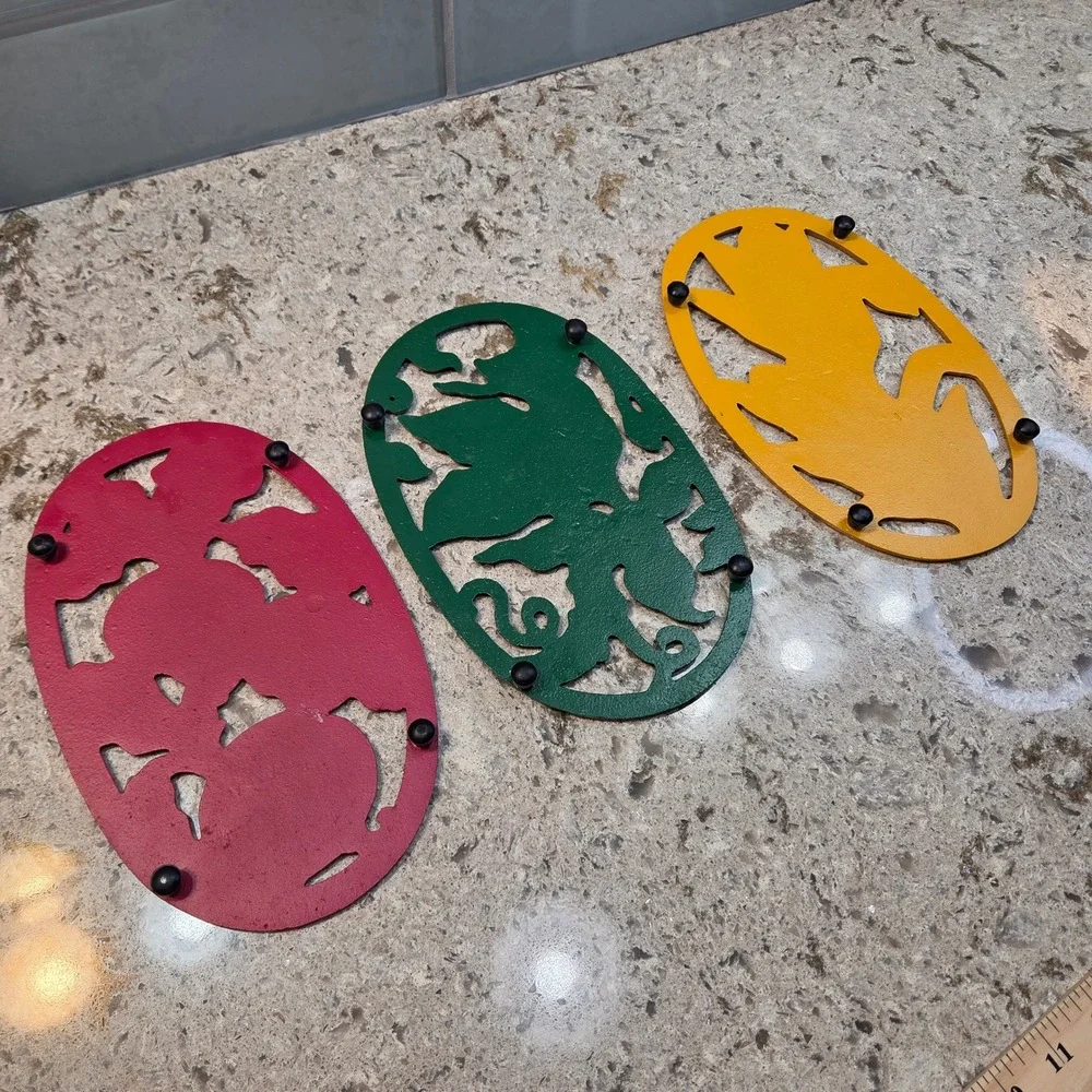 Vintage Cast Iron Vegetable Trivets Set of 3 Corn Peas Radish Multicolored